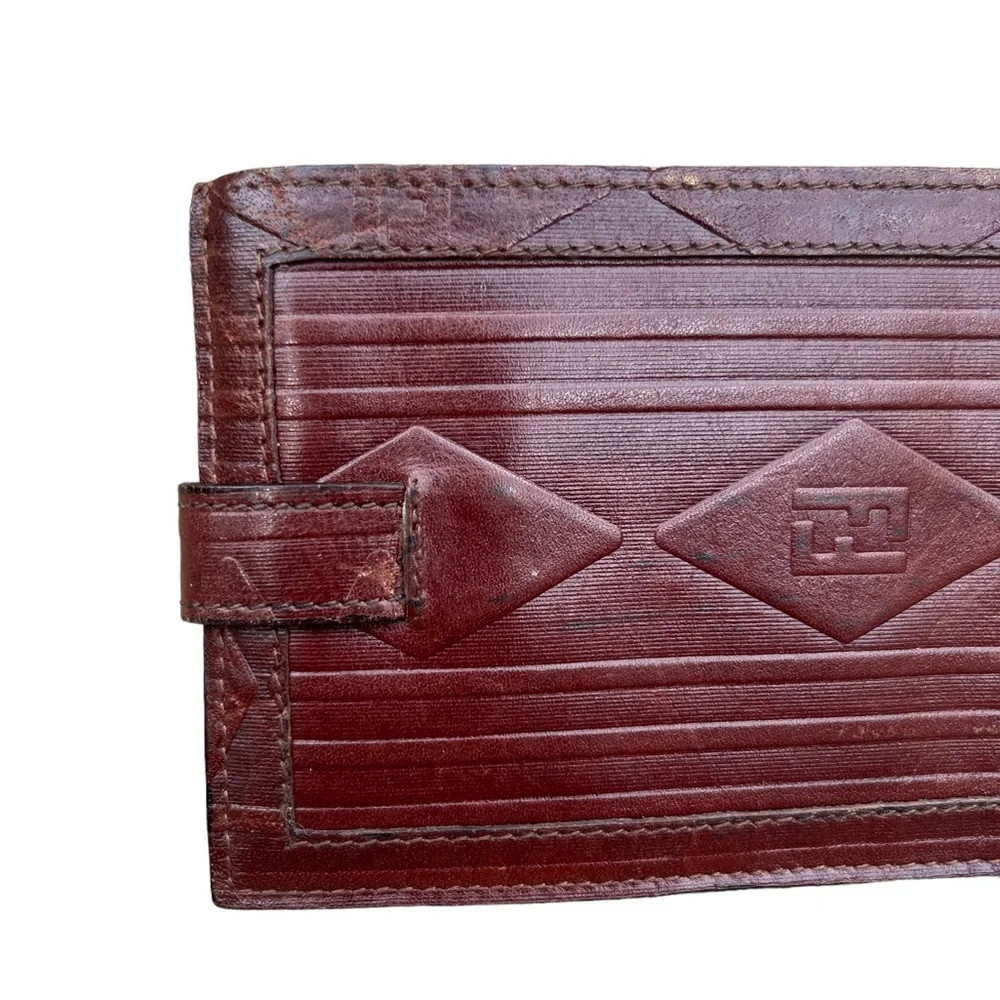 Vintage Fendi Brown Leather Wallet FF Design Snap Closure Used Condition